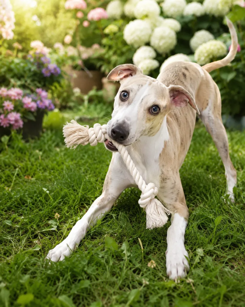 Whippet qui joue avec corde naturel au jardin